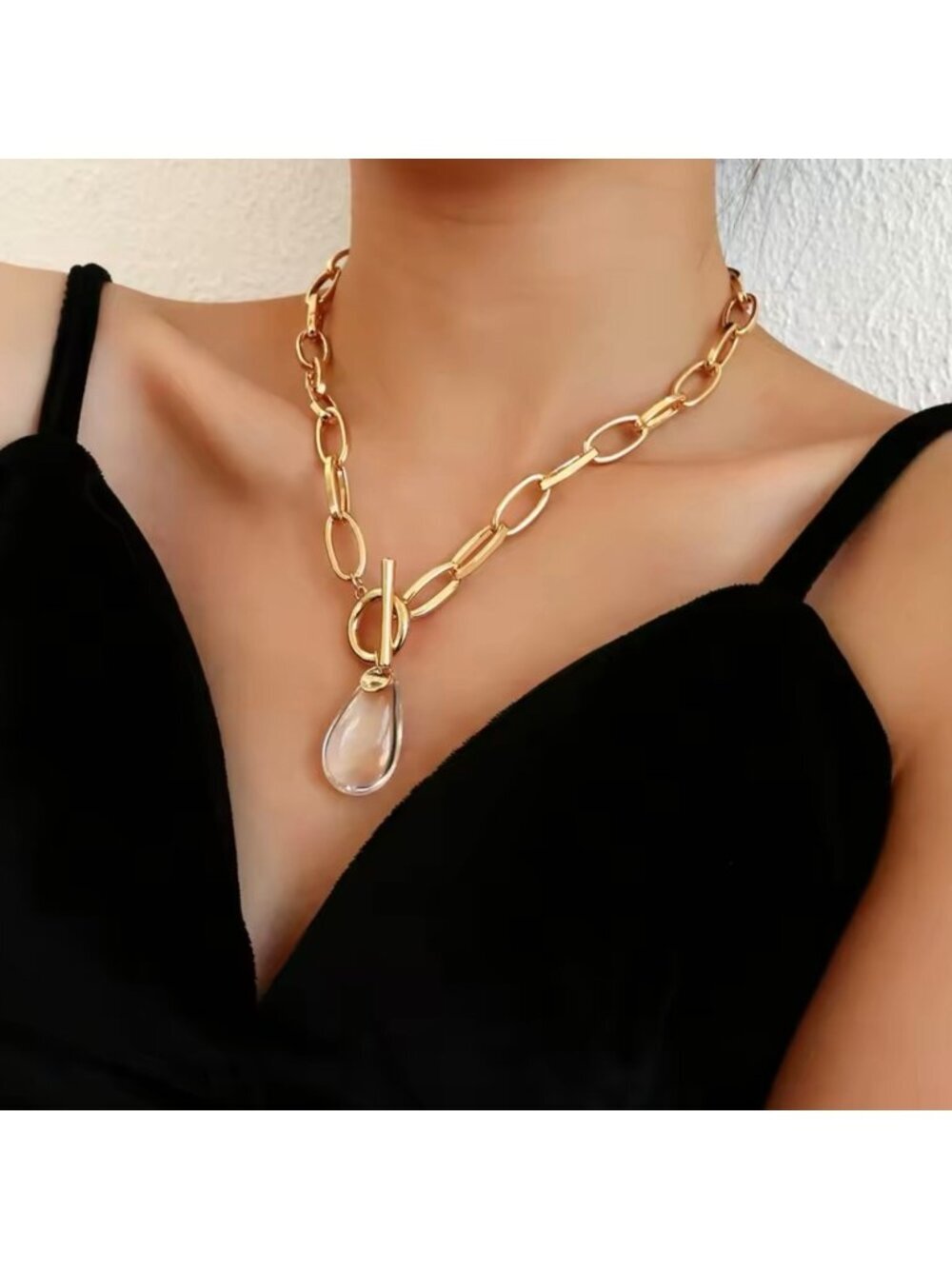 New Chunky Chain Necklace Cleat Crystal Pendant Toggle Clasp 18K Plated